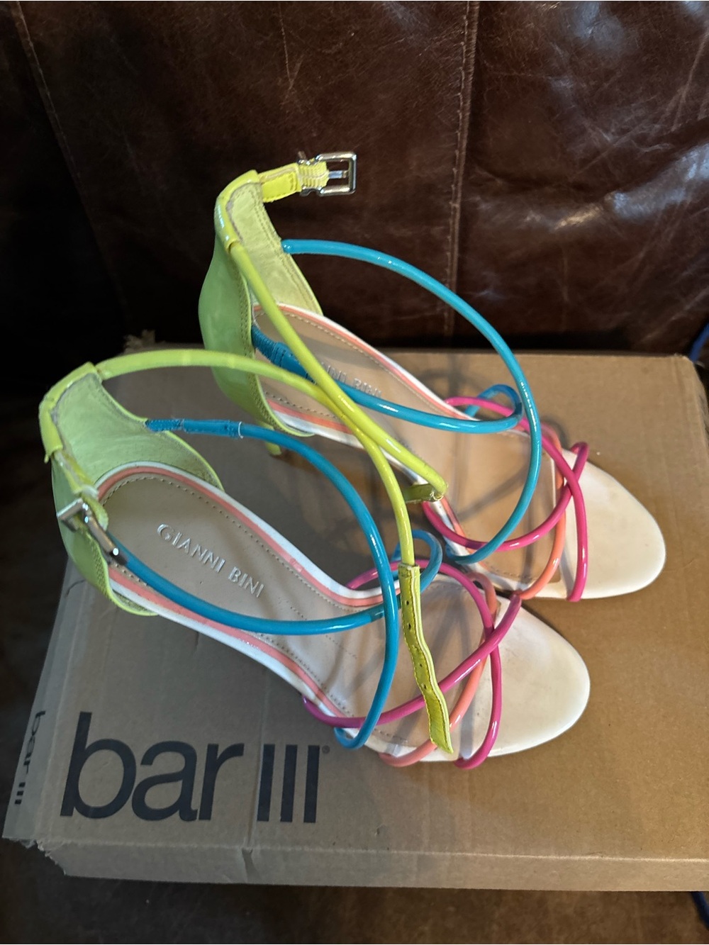 Gianni Bini Neon Multi-Strap Heels in Yellow, Blue, Pink